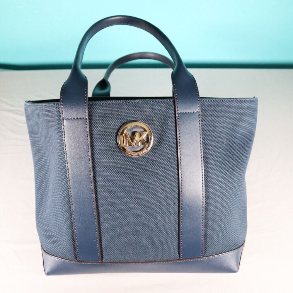 Michael Kors Non Coated Canvas & Leather Handbag Tote Purse Navy Blue